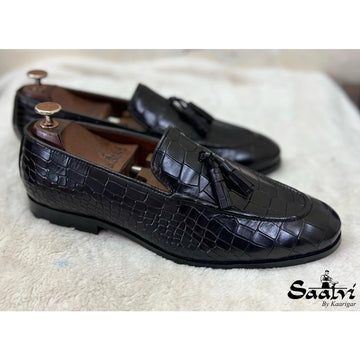 Black Crocodile Loafers With Tassels
