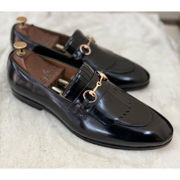 Horsebit Loafers With Fringes- Blk Calf