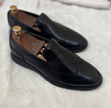 Black Soft Leather Wingtip Light Weight Loafers