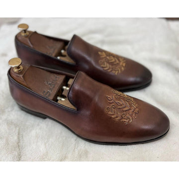 Brown Leaf Zardosi Slipon
