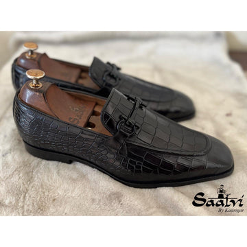 Black Crocodile Loafers With Black Metal Trim
