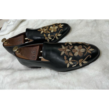 Black Leather Flower Zardosi Slipons