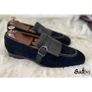 Black Suede Loafers With Fringes