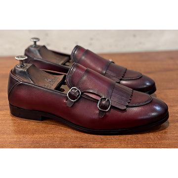 Brown Double Monk Strap Loafers With Fringes