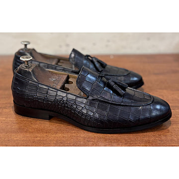 Black Crocodile Loafers With Tassels