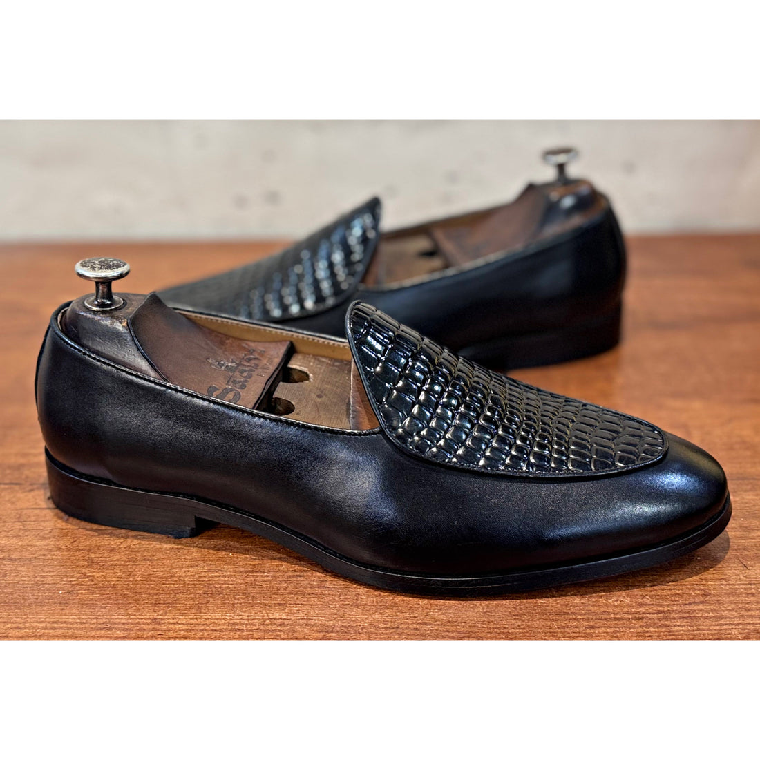 Midnight Croc Belgian Loafers – Luxury Black Embossed Slip-Ons