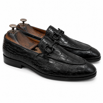 Black Crocodile Loafers With Black Metal Trim