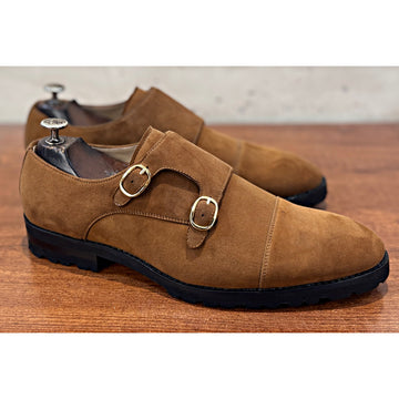 Sahara Suede Double Monk Strap Shoes – Luxury Tan Suede Monks