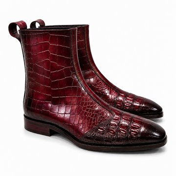 Burgundy Burnished Croc-Embossed Leather Chelsea Boots