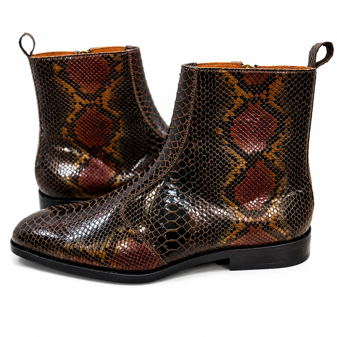 Cognac Serpentine Foil Leather Ankle Boots