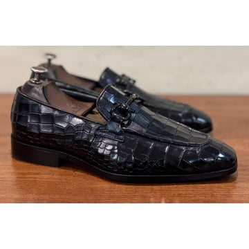 Black Crocodile Loafers With Black Metal Trim