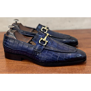 Croco Blue Loafers Golden Buckle