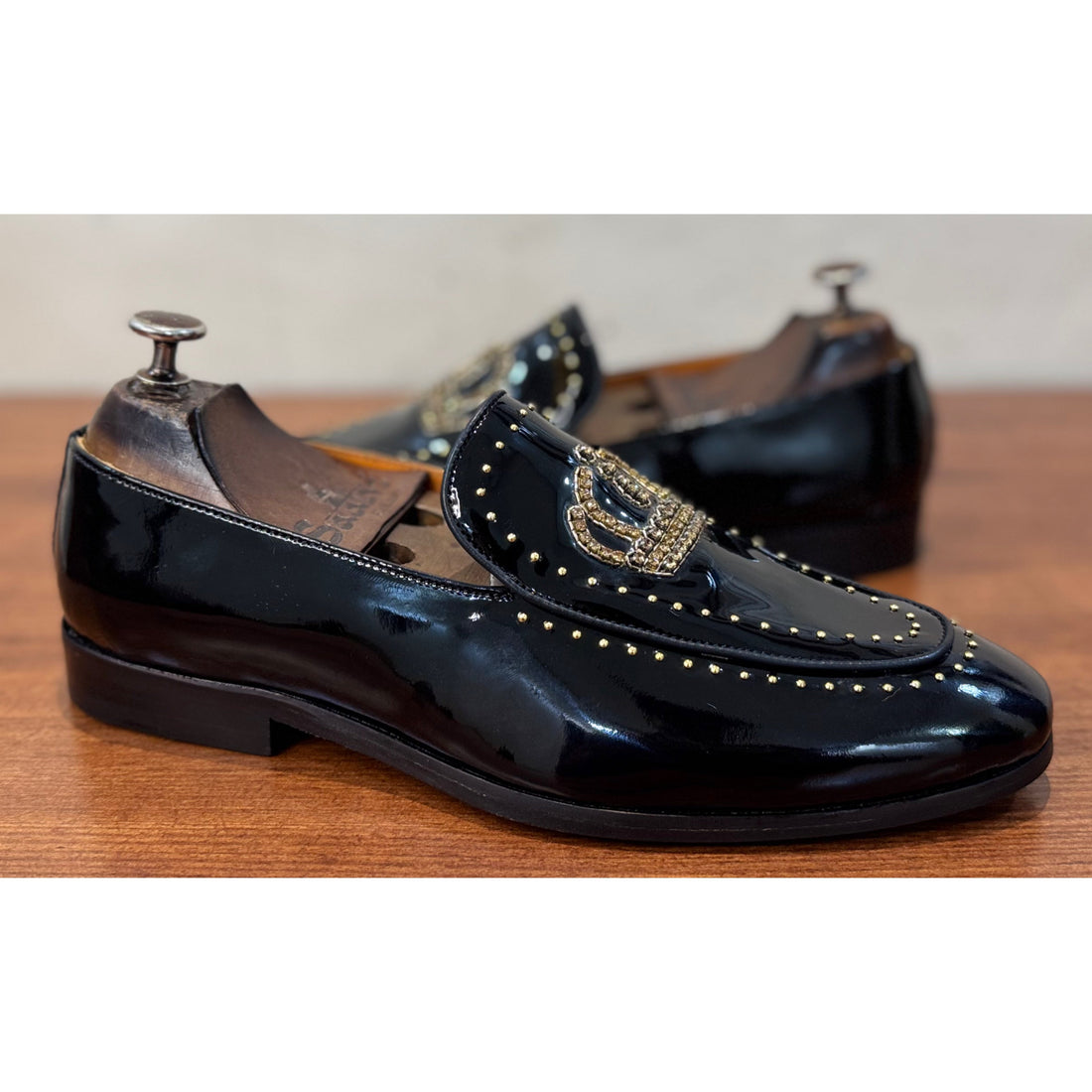 Black Patent Crown Zardosi Slip-Ons