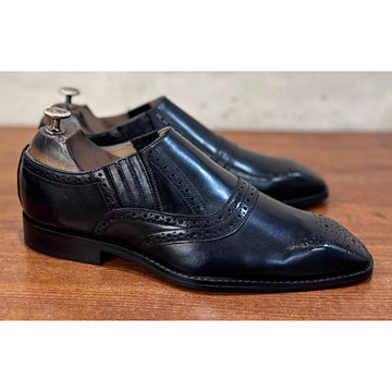 Black Leather Slip-On Brogue Shoes – Luxury Wingtip Formal Dress Shoes