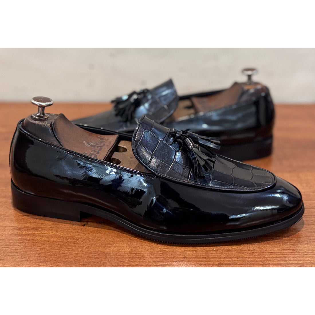 Black Patent Loafers Croco With Tassels
