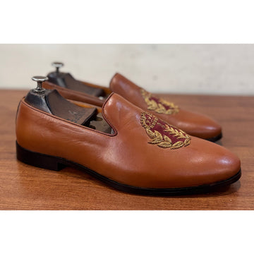 Tan Slipons With Crown Embroidery