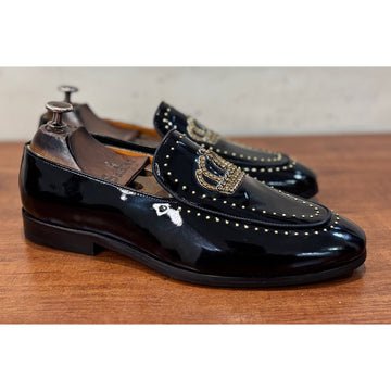 Black Patent Crown Zardosi Slip-Ons