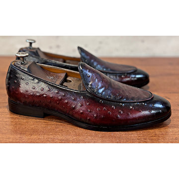 The Crimson Ostrich Loafer – Burgundy Exotic Leather Slip-On Shoes