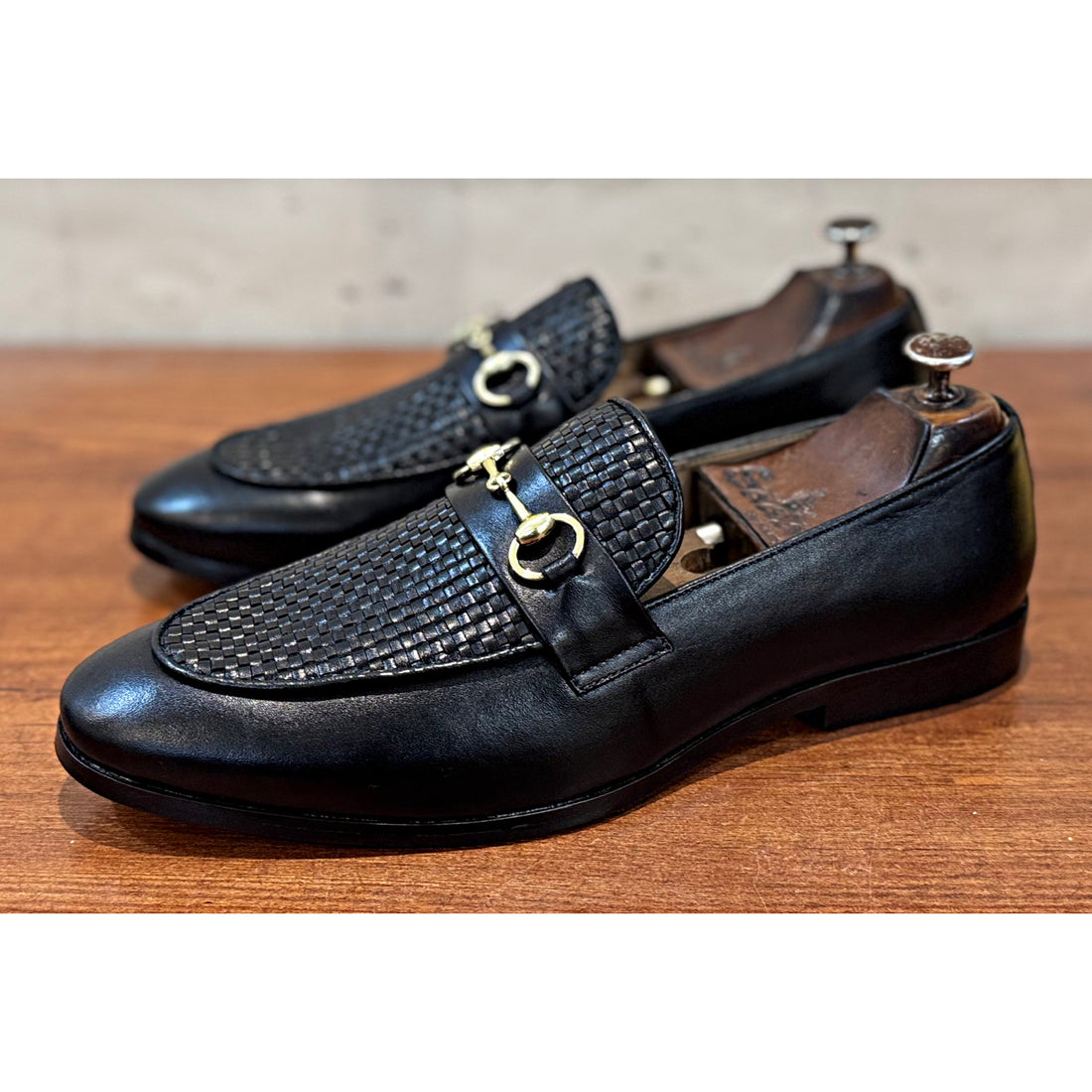 Black Horsebit Loafers With Weave Leather
