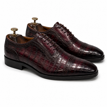 Imperial Burgundy Croc-Embossed Brogue Oxford Shoes