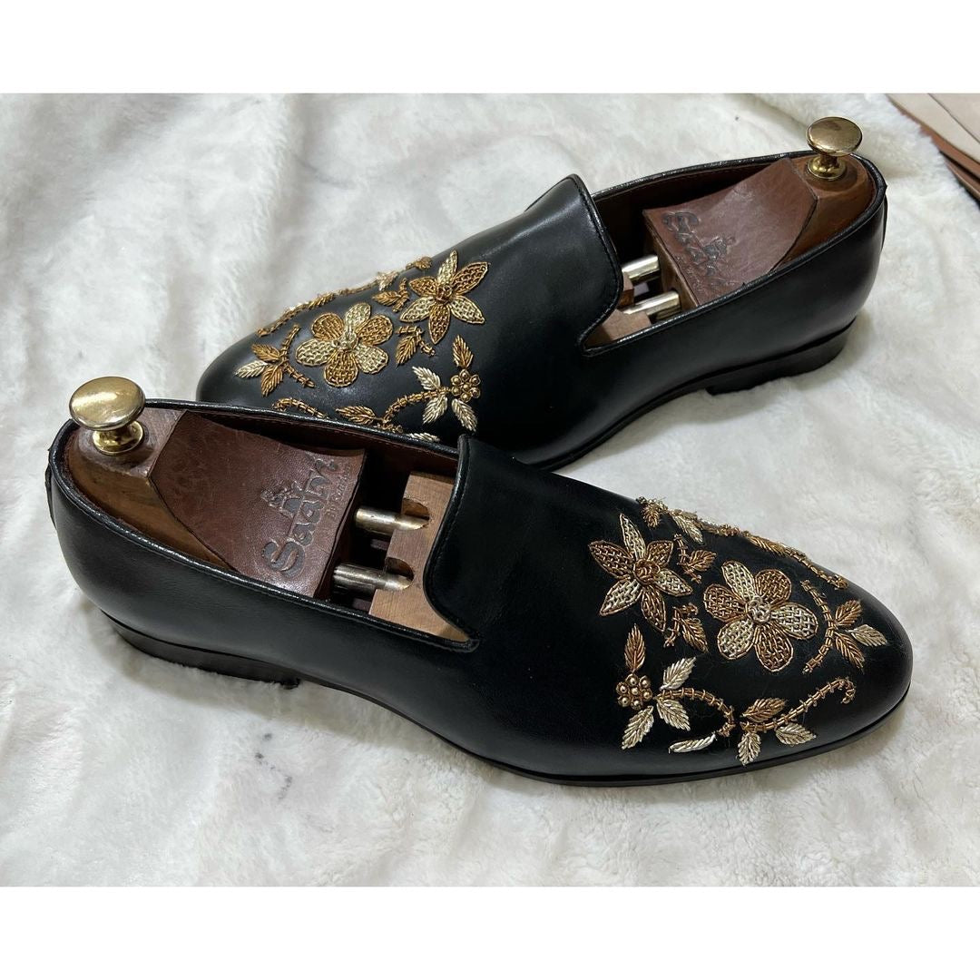 Black Leather Flower Zardosi Slipons